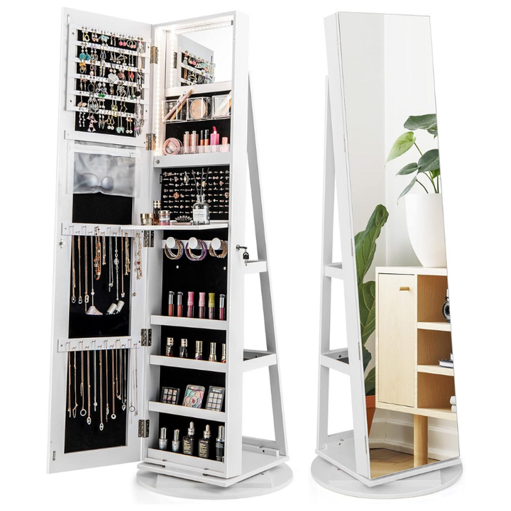 360° Spin Jewelry Organizer Cabinet with Full Mirror & LED Lighting