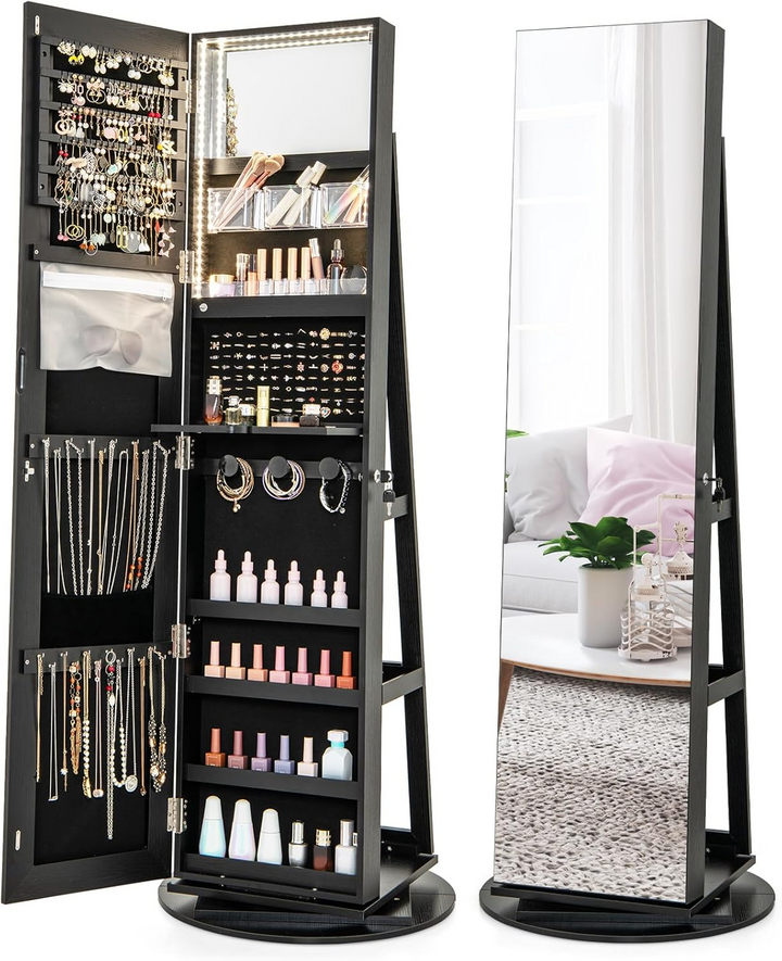 360° Spin Jewelry Organizer Cabinet with Full Mirror & LED Lighting