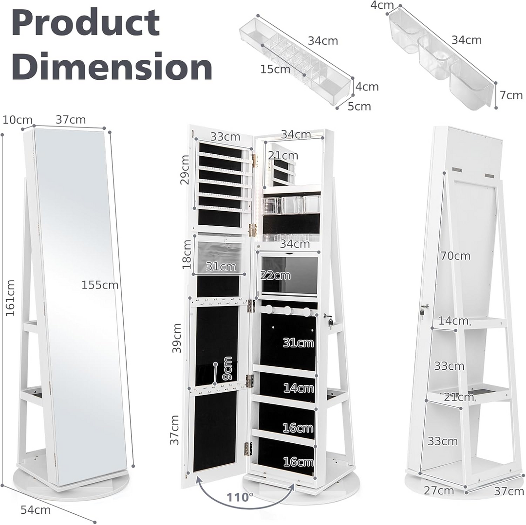 360° Spin Jewelry Organizer Cabinet with Full Mirror & LED Lighting