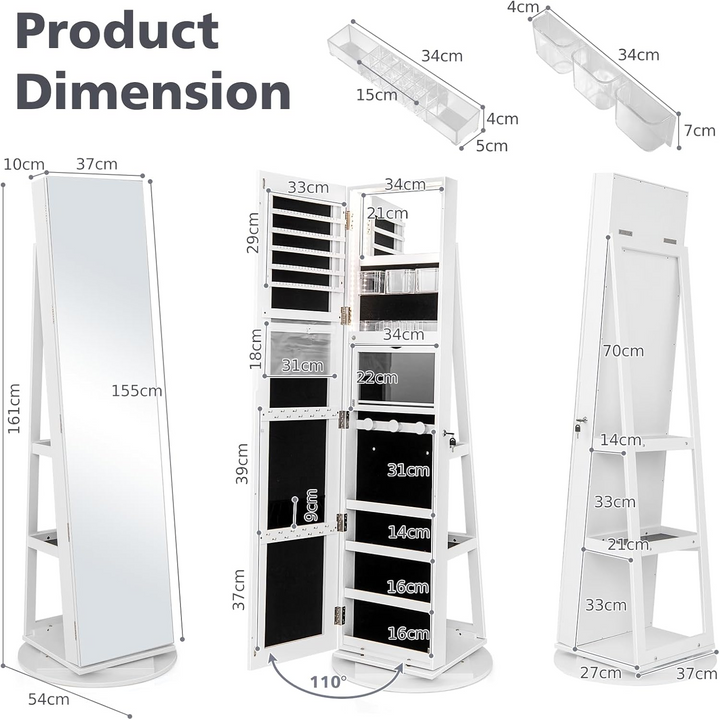 360° Spin Jewelry Organizer Cabinet with Full Mirror & LED Lighting