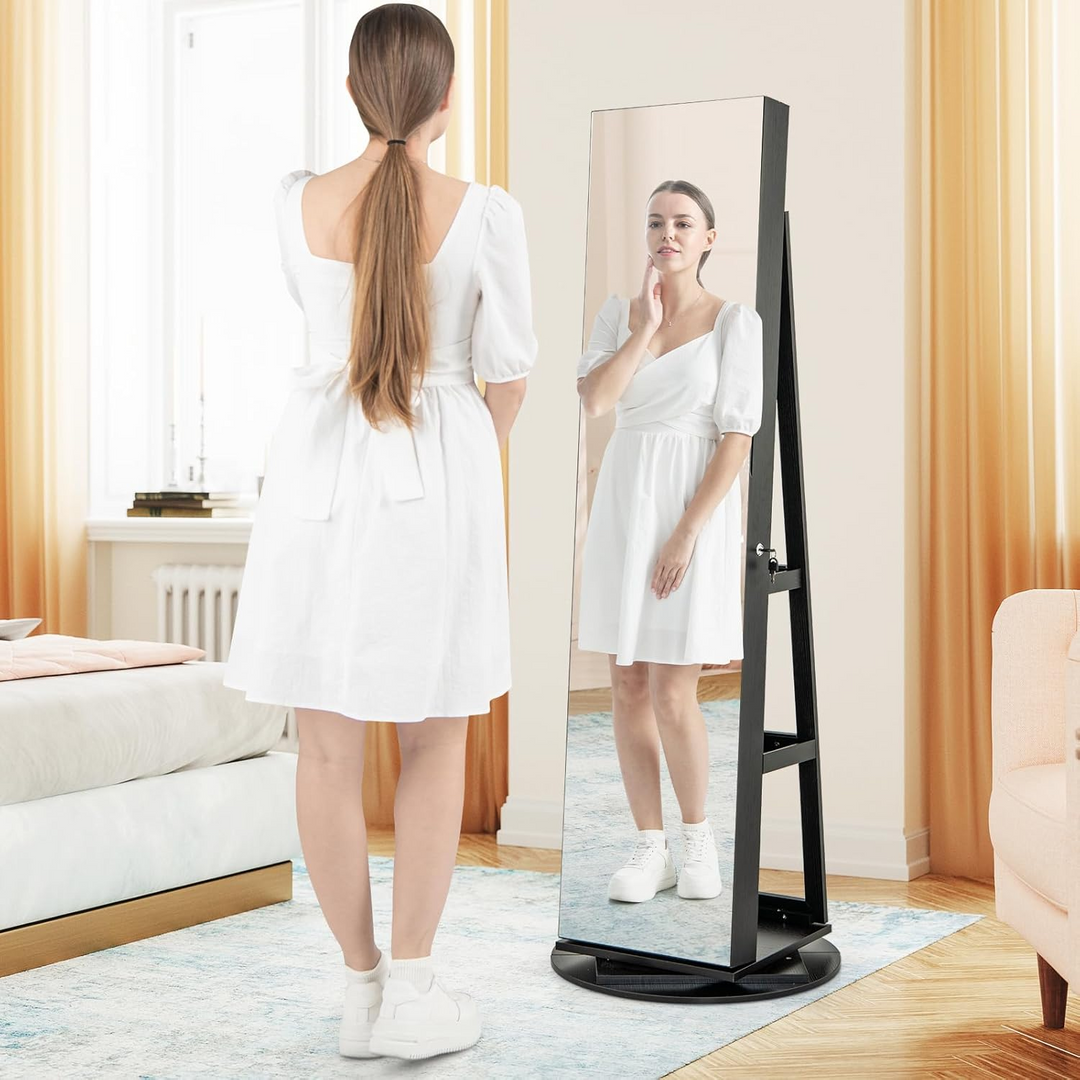 360° Spin Jewelry Organizer Cabinet with Full Mirror & LED Lighting