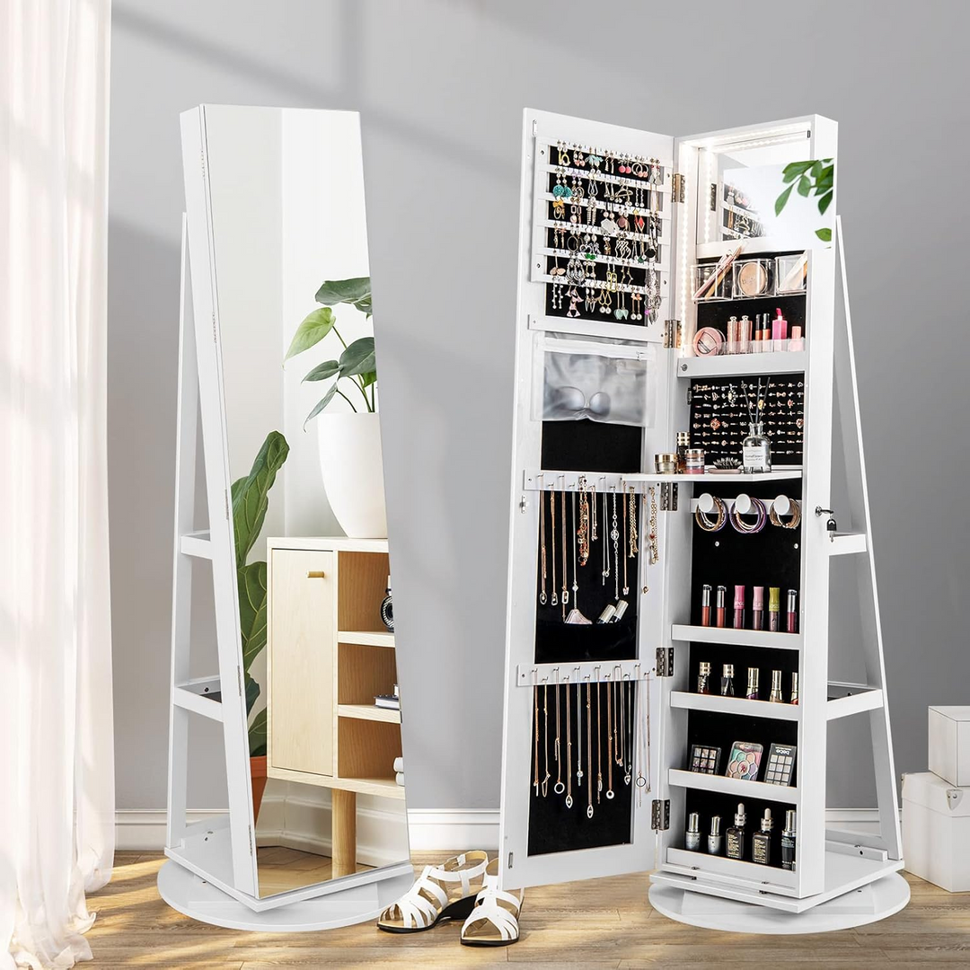 360° Spin Jewelry Organizer Cabinet with Full Mirror & LED Lighting