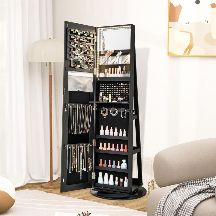 360° Spin Jewelry Organizer Cabinet with Full Mirror & LED Lighting