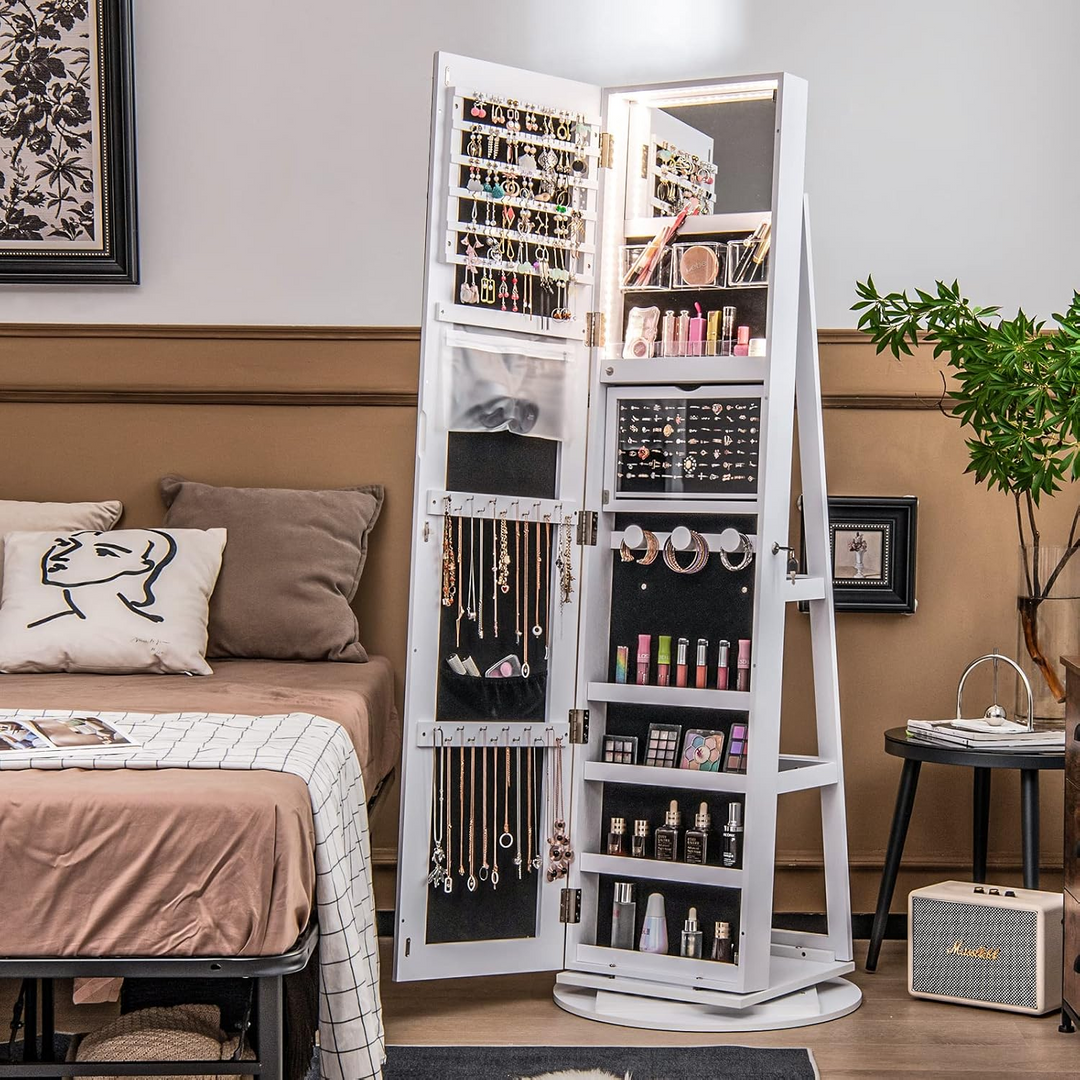 360° Spin Jewelry Organizer Cabinet with Full Mirror & LED Lighting